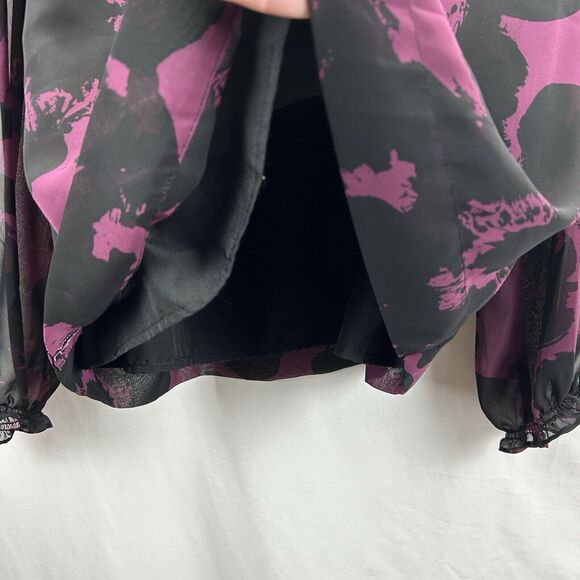 a.n.a. Floral Tunic Top XL Black Purple Blouse Keyhole Shirt Sheer Sleeve - Picture 6 of 10